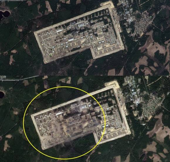 위성으로 본 러시아 탄약고 폭발 전인 20일(위)과 후인 24일 모습. Planet Labs