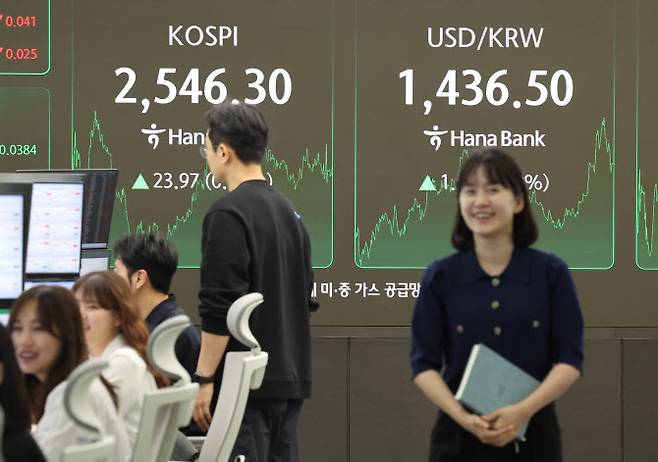 25일 서울 중구 하나은행 본점 딜링룸.(사진=연합뉴스)