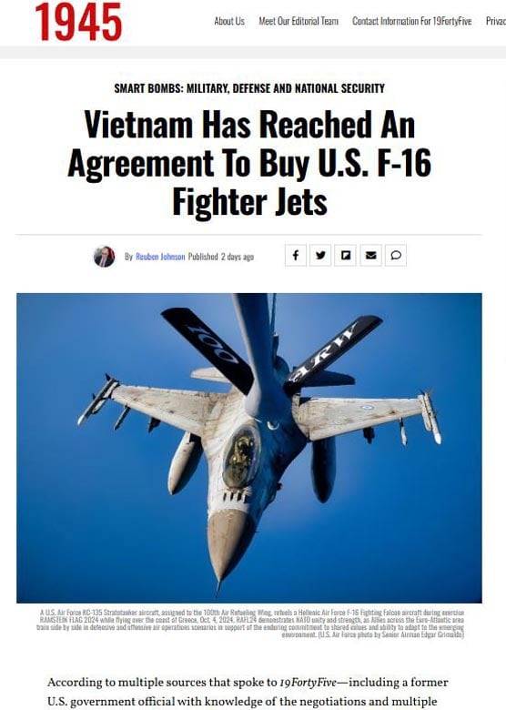 베트남이 미국으로부터 F-16 전투기를 구매하기로 했다고 보도한 미 군사 전문지 '1945'의 4월18일 보도. /1945 캡처