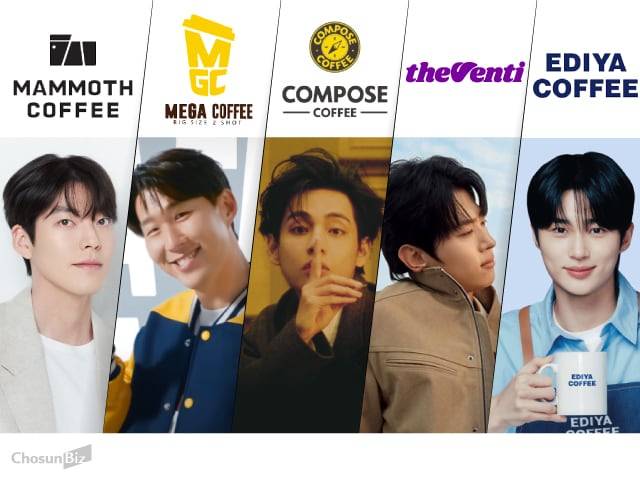 (왼쪽부터) 매머드커피 모델 배우 김우빈, 메가MGC커피 모델 축구선수 손흥민, 컴포즈커피 모델 BTS 멤버 뷔, 더벤티 모델 예능인 덱스, 이디야커피 모델 배우 변우석. /그래픽=손민균