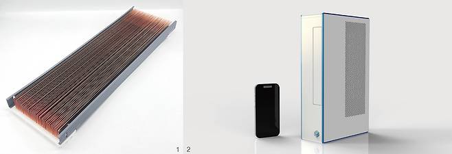 1 MACS 기술을 이용한 고성능 그래픽 카드용 수랭식 냉각기. 2 MACS 기술로 구현한 컴프레서와 냉매가 없는 친환경 에어컨. /사진 엠에이치에스