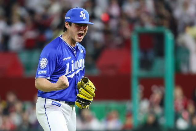 29일 인천 SSG전 7회 2사 만루에서 고명준을 루킹 삼진으로 잡아낸 이호성이 포효하고 있다. 삼성 제공