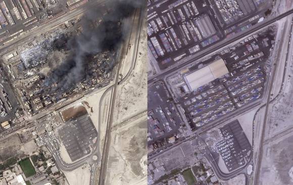 샤히드라자이 항구 폭발 사고가 있기 전(오른쪽)과 후의 위성 사진. AP-Planet Labs PBC