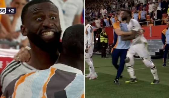 안토니오 뤼디거(왼쪽)가 27일(한국시간) 스페인 세비야의 에스타디오 올림피코 데 세비야에서 열린 2024~2025시즌 코파 델 레이 결승 연장 후반 도중 주심에게 격렬히 항의하고 있다. /사진=익스프레스 갈무리.