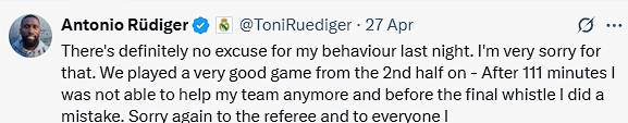 안토니오 뤼디거 사과문. /사진=안토니오 뤼디거 개인 SNS 갈무리