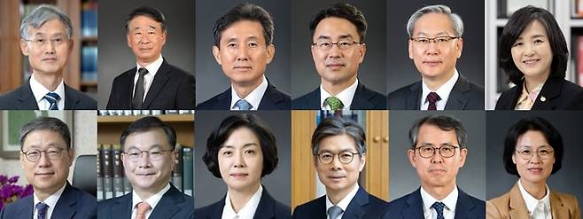 이재명 더불어민주당 대선 후보의 공직선거법 위반 혐의 사건 상고심 선고에 참여하는 대법원장과 대법관 12명. 윗줄 왼쪽부터 조희대 대법원장·오석준·서경환·권영준·엄상필·신숙희 대법관과 아랫줄 왼쪽부터 노경필·박영재·이숙연·마용주 대법관은 중도·보수 성향으로, 이흥구·오경미 대법관은 진보 성향으로 분류된다. /대법원 제공