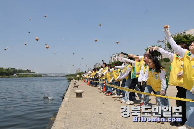 최근 대구 동구 동촌유원지 일원에서 열린 신천지자원봉사단 대구지부의 '금호강 EM 흙공 던지기' 봉사활동에서 참가자들이 금호강에 EM 흙공을 던지고 있다. 사진=신천지자원봉사단 대구지부 제공