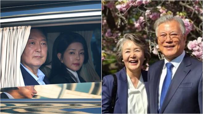 윤석열 전 대통령 부부와 문재인 전 대통령 부부.