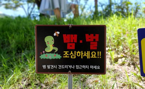 충남 계룡시의 한 공원에 벌과 뱀 조심을 알리는 표지판이 설치돼 있다. 중앙포토