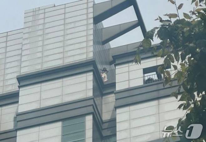 2일 오후 1시 35분쯤 서울 강남구 역삼동의 한 오피스텔에서 여성 1명이 투신을 시도하고 있다. /사진=뉴스1(독자 제공)