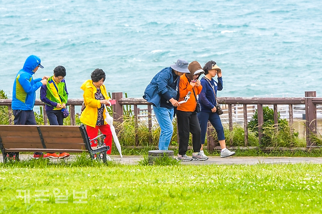 서귀포시 대정읍 송악산 산책로에서 관광객들이 바람에 모자가 날려 갈까봐 손으로 잡으며 걷고 있다. 고봉수 기자