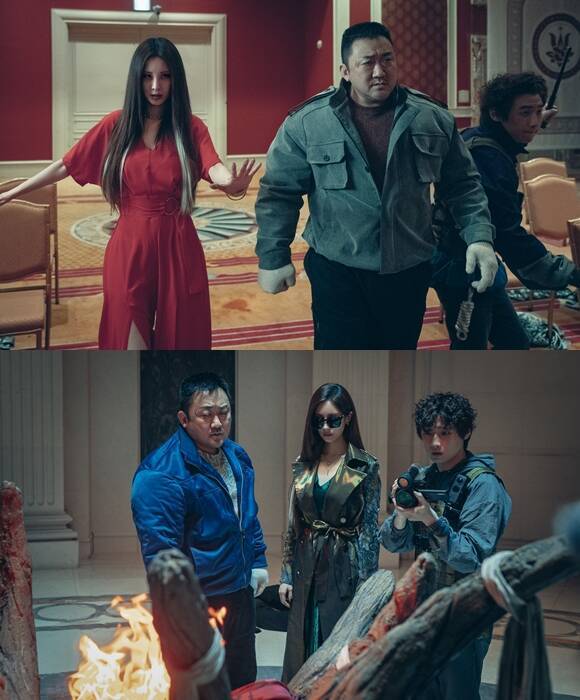 서현(위쪽 사진의 왼쪽)은 이번 작품을 통해 처음으로 연기 호흡을 맞춘 마동석에 관해 "인간적으로도 배우로서도 너무 좋은 분이라는 걸 많이 느꼈고 저를 되돌아보게 됐다"고 두터운 신뢰를 내비쳤다. /롯데엔터테인먼트