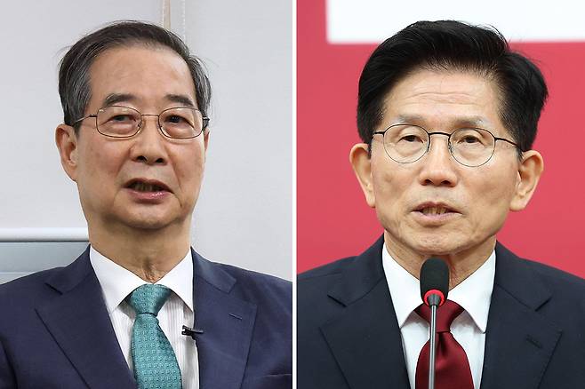 한덕수 전 총리(왼쪽)와 국민의힘 김문수 대선 후보. 뉴시스·뉴스1