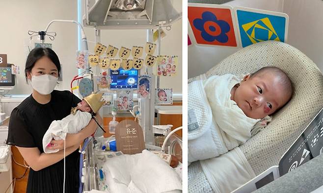 초극소미숙아로 태어났던 유준이의 병실 안 백일사진(왼쪽)과 퇴원 후 사진. 유준이 어머니 제공