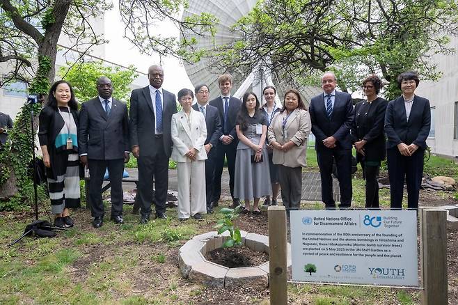 5일(현지시간) 미국 뉴욕 유엔본부에서 열린 ‘피폭 수목’ 식수 행사에서 참석자들이 기념사진을 찍고 있다. 왼쪽 세 번째부터 필레몬 양 제79차 유엔 총회 의장(전 카메룬 총리), 나카미쓰 이즈미 유엔 군축담당 사무차장, 야마자키 가즈유키 유엔 주재 일본 대사. 유엔 제공