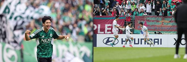 전북 현대 전진우(왼쪽)와 대전 하나시티즌 김인균(맨 오른쪽)이 6일 K리그1 12라운드 맞대결에서 골을 넣은 뒤 기뻐하고 있다. 프로축구연맹 제공