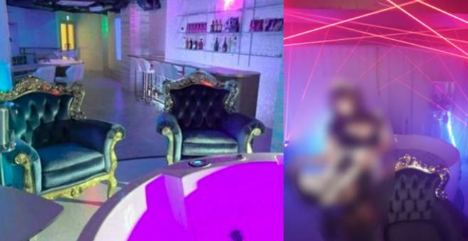 일본에서 술·음식과 함께 여성이 목욕하는 모습을 'VIP 코스'로 제공해왔던 무허가 주점 내부 모습(왼쪽)과 관련 홍보용 사진. /시부야 메종 스위트 드림스 공식 SNS 캡처 갈무리