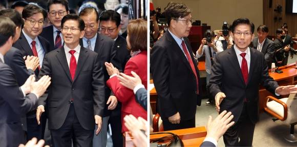 김문수 후보 의원총회장 ‘들어갈 때와 나올 때’ - 국민의힘 김문수 대선 후보가 9일 서울 여의도 국회에서 열린 의원총회에 기립박수를 받으며 참석하고 있다(왼쪽 사진). 이후 권영세 비상대책위원장과 ‘후보 단일화’ 문제를 두고 충돌한 뒤 도중에 퇴장하고 있다(오른쪽 사진). 2025.5.9 연합뉴스