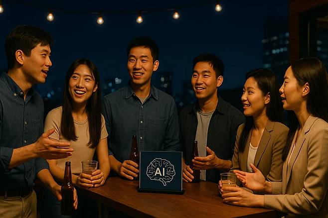 챗지피티4o가 그린 ‘인공지능 동호회 사람들이 모여 파티하는 분위기의 이미지’.