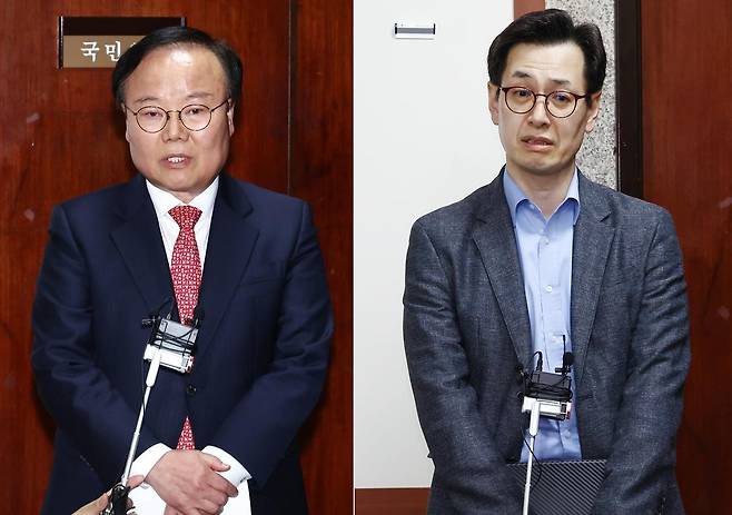 김문수 국민의힘 대통령 후보 대리인인 김재원 비서실장(왼쪽)과 한덕수 무소속 대선 예비후보 대리인인 손영택 전 국무총리 비서실장이 9일 서울 여의도 국회에서 열린 단일화 협상 관련 회동을 마치고 각각 브리핑을 하고 있다. 2025.5.9 뉴스1