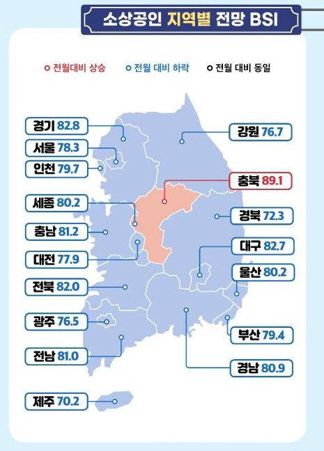 소상공인 지역별 경기 전망 지수. 소상공인시장진흥공단 제공