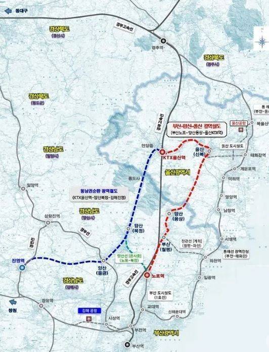 ‘부산-양산-울산 광역철도’와 ‘동남권 순환 광역철도’ 노선도. 울산시 제공