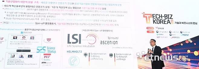 테크비즈 코리아 2024 행사가 기술과 비즈니스의 만남을 주제로 12일 대전컨벤션센터에서 열렸다. 최치호 한국과학기술지주 대표가 기조연설을 하고 있다. 박지호기자 jihopress@etnews.com