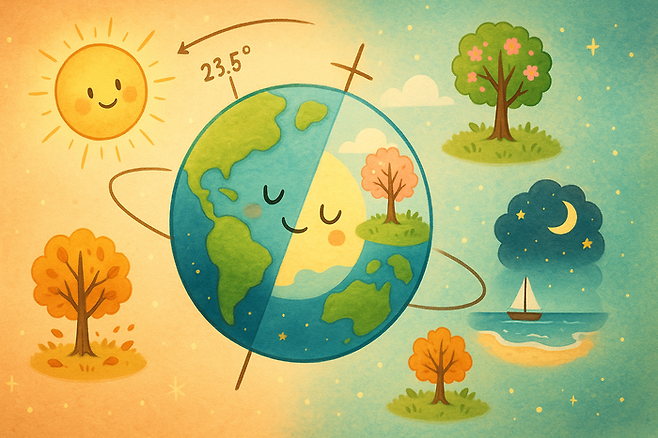 톡톡 과학 - 지구의 자전축 기울기는 '신의 한수' (AI로 이미지 생성)