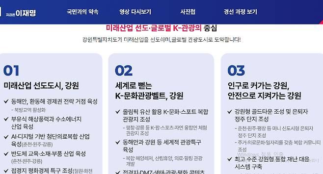 이재명 후보의 강원 공약. 더불어민주당 홈페이지 캡처