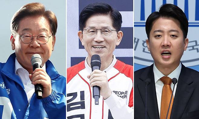 제21대 대통령선거 공식 선거운동 첫날인 12일 왼쪽부터 더불어민주당 이재명 대선 후보와 국민의힘 김문수 대선 후보, 개혁신당 이준석 대선 후보가 공식선거 운동을 벌이고 있다. 뉴시스, 뉴스1