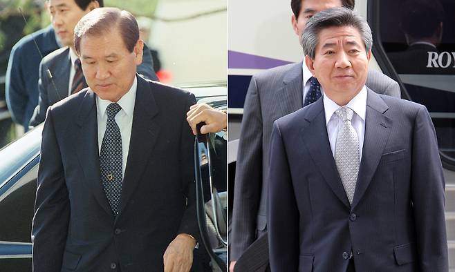 (왼쪽부터)노태우 전 대통령이 1995년 11월1일 대검찰청에 출두하고 있다. 노무현 전 대통령이 2009년 4월30일 서울 서초동 대검청사에 도착한 뒤 청사로 들어가기 앞서 버스 앞에 마련된 포토라인에 서 있다. 세계일보 자료사진·연합뉴스