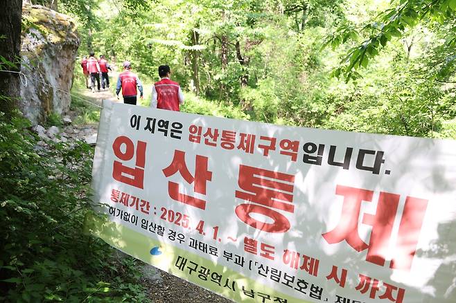 입산 통제 구역 순찰 (대구=연합뉴스) 박세진 기자 = 12일 대구 남구 대명동 앞산에서 산불 전문예방진화대들이 순찰하고 있다. 2025.5.12 psjpsj@yna.co.kr