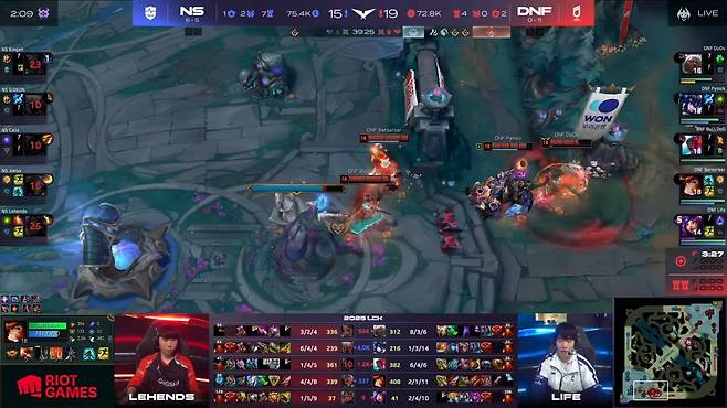 2025 LCK 정규 시즌 2라운드 농심 대 DN전 중계화면