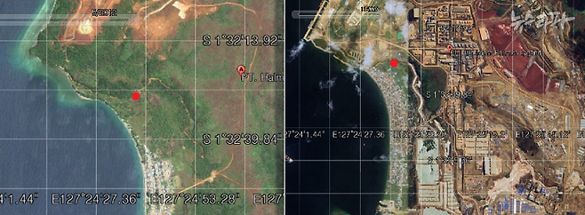 ▲(왼쪽부터) 2012년 5월과 2023년 11월 오비 섬 카와시 마을을 촬영한 위성 사진. 빨간색으로 표기된 부분이 카와시 마을 주민들이 마시고 생활용수로 사용하는 개천의 위치다. (출처: 구글 어스)