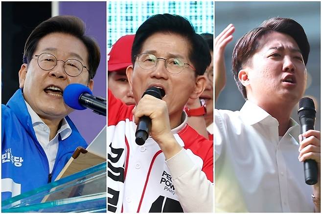 지지 호소하는 이재명·김문수·이준석 (서울=연합뉴스) 김주성 박동주 윤동진 기자 = 제21대 대통령 선출을 위한 공식 선거운동이 시작된 12일 더불어민주당 이재명 대선 후보(사진 왼쪽부터)가 대전 으능정이거리 스카이로드에서, 국민의힘 김문수 대선 후보가 대구 서문시장에서, 개혁신당 이준석 대선 후보가 서울 청계광장에서 지지를 호소하는 연설을 하고 있다. 2025.5.12 photo@yna.co.kr