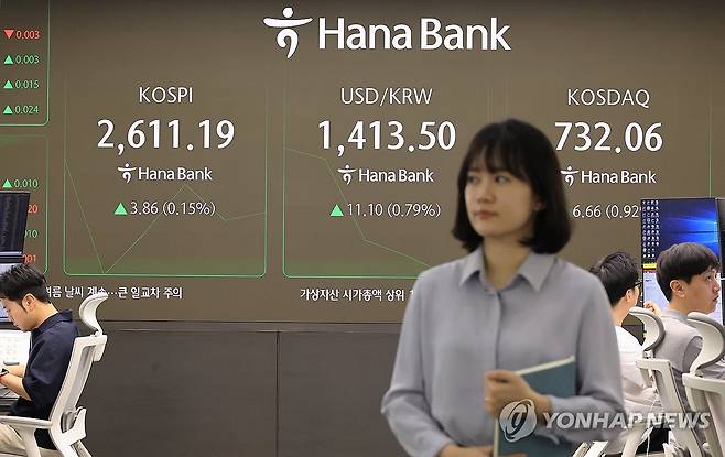 코스피 보합으로 출발 (서울=연합뉴스) 최재구 기자 = 13일 서울 중구 하나은행 본점 딜링룸에서 직원들이 증시 및 환율을 지켜보고 있다. 이날 코스피는 미국과 중국의 관세전쟁 휴전 소식에도 약보합으로 장을 시작했다. 오전 9시 2분 현재 코스피 지수는 전 거래일 대비 1.83포인트(0.07%) 오른 2,609.16이다. 2025.5.13 jjaeck9@yna.co.kr