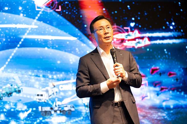 신익현 LIG넥스원 대표이사가 작년 9월 23일 경기도 성남시 LIG넥스원 판교 하우스에서 열린 LIG글로벌데이 행사에서 인사말을 하고 있다./LIG넥스원 제공