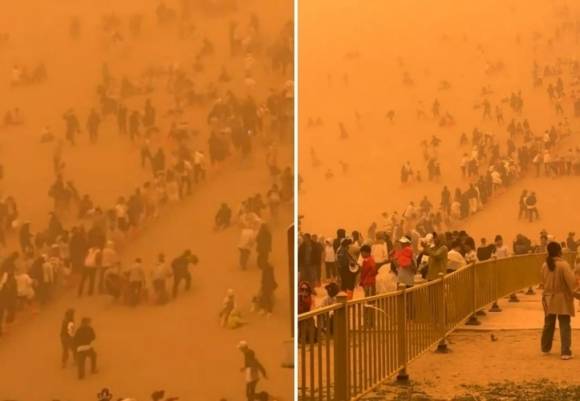 현지시간으로 3일 중국 간쑤성 둔황시에 있는 유명 관광지인 명사산-월야천에 모래폭풍이 불어 관광객들이 현장에서 발이 묶이는 사고가 발생했다. 더 선 제공