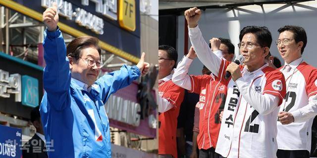 이재명(왼쪽 사진) 더불어민주당 대선 후보가 14일 부산 서면 쥬디스태화 인근에서 열린 부산 유세에 참석해 시민들에게 인사하고 있다. 같은 날 경남 진주시 진주대로에서 김문수 국민의힘 대선 후보가 지지를 호소하고 있다. 부산=고영권 기자·진주=하상윤 기자