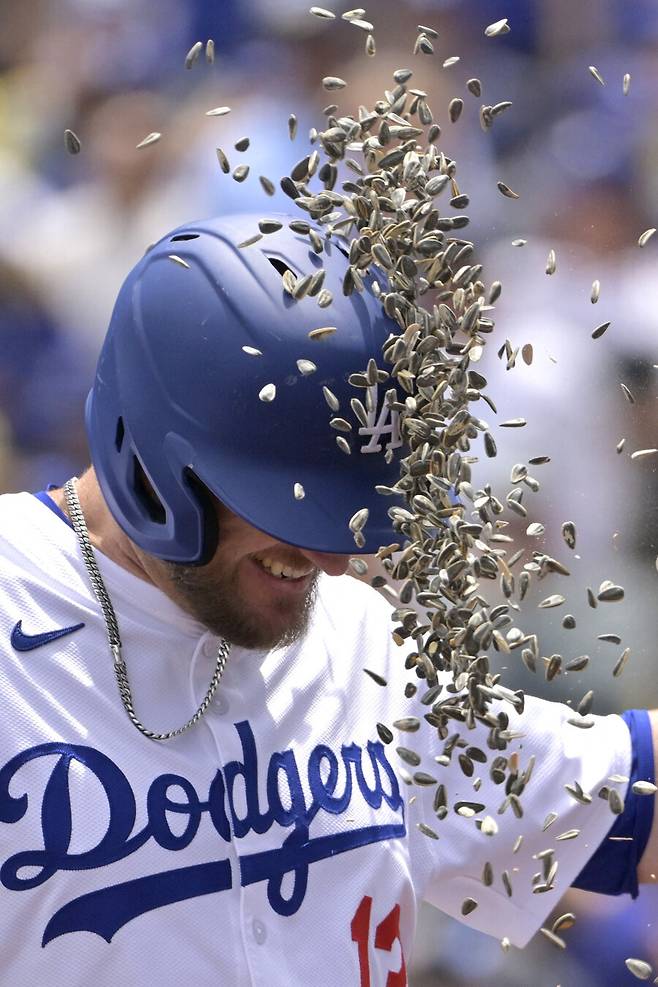 ▲ 맥스 먼시는 지난 1일(한국시간) 미국 캘리포니아주 로스앤젤레스 다저스타디움에서 열린 2025 메이저리그 마이애미 말린스와 경기에서 0-0으로 맞선 2회 솔로 홈런을 터뜨렸다. 다저스 선수들은 더그아웃에서 해바라기씨로 먼시의 첫 홈런은 축하했다. ⓒ연합뉴스