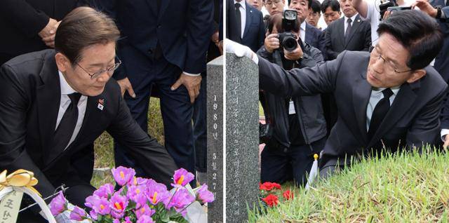 이재명(왼쪽 사진)더불어민주당 대선 후보와 김문수 국민의힘 대선 후보가 17일 광주 북구 5·18 민주묘지를 찾아 김동수 열사 묘역과 무명 열사 묘역을 각각 참배하고 있다. 광주=연합뉴스