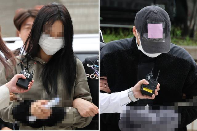 ▲ 축구 국가대표팀 주장 손흥민의 아이를 임신했다고 주장하며 손씨에게 돈을 뜯어내려 한 20대 여성 양모씨(왼쪽)와 40대 남성 윤모씨가 17일 영장실질심사를 받기 위해 서울중앙지법에 들어서고 있다. 연합뉴스