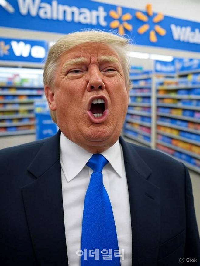 생성형 AI 그록3로 만든 가상의 이미지로 도널드 트럼프 미국 대통령이 관세로 인한 가격 인상을 예고한 미국 대형 소매업체 월마트 매장 안에서 고함을 치고 있다.(사진=그록3)