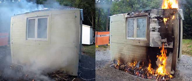 예비 주수를 한 경우(왼쪽)와 그렇지 않은 경우의 차이. 예비 주수란 산불 발생 가능성이 있는 지역에 미리 소화액과 물을 뿌려 화재를 예방하는 것을 말한다. 국립소방연구원