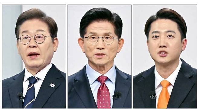 18일 오후 8시부터 2시간 동안 열린 제21대 대선 첫 TV토론회에서 이재명 더불어민주당 후보, 김문수 국민의힘 후보, 이준석 개혁신당 후보(왼쪽부터) 등이 각각 주도권 토론에서 발언하고 있다. 이날 토론회에는 권영국 민주노동당 후보까지 4인이 참여했다. 국회사진기자단