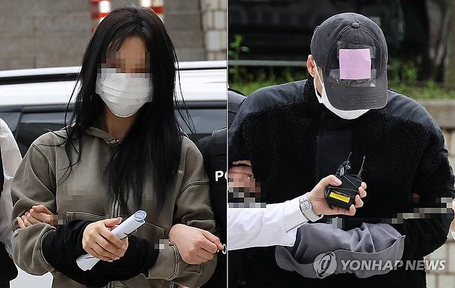 손흥민에 '임신 협박' 남녀 구속심사 (서울=연합뉴스) 이진욱 기자 = 축구 국가대표팀 주장 손흥민의 아이를 임신했다고 주장하며 손씨에게 돈을 뜯어내려 한 20대 여성 양모씨(왼쪽)와 40대 남성 용모씨가 17일 영장실질심사를 받기 위해 서울중앙지법에 들어서고 있다. 2025.5.17 cityboy@yna.co.kr