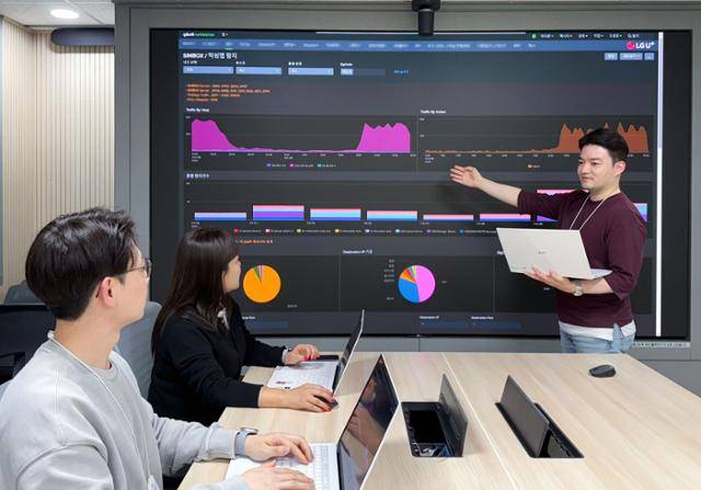 LG유플러스 임직원이 인공지능(AI)을 접목한 자체 보이스피싱 고객 피해 방지 분석시스템을 살펴보고 있다. LG유플러스 제공