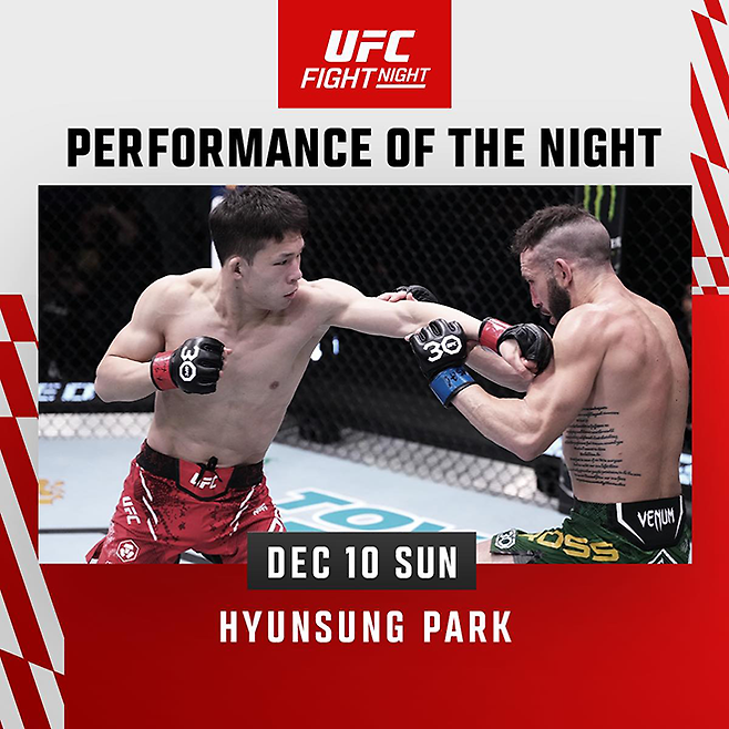 박현성은 2023년 12월 UFC on ESPN+ 91 퍼포먼스 보너스 5만 달러를 받았다. 사진=TKO