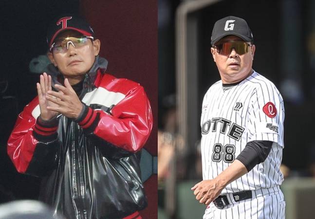 LG 염경엽 감독(왼쪽)과 롯데 김태형 감독. /사진=김진경 대기자, 롯데 구단 제공