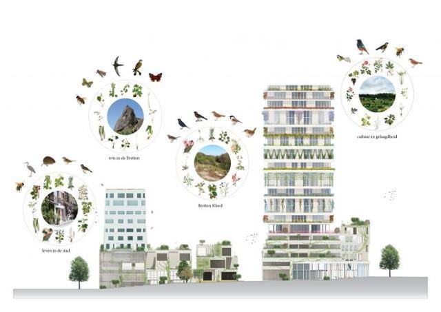 암스테르담의 슬로터다이크(Sloterdijk) 지역에 위치한 'Amsterdam Vertical' 프로젝트는 자연 포용 설계를 통해 도시 생물 다양성을 증진시키는 건축물 이미지로 도시계획에 생태적 요소를 통합한 사례를 시각적으로 보여준다. ⓒDS Landscape Architects